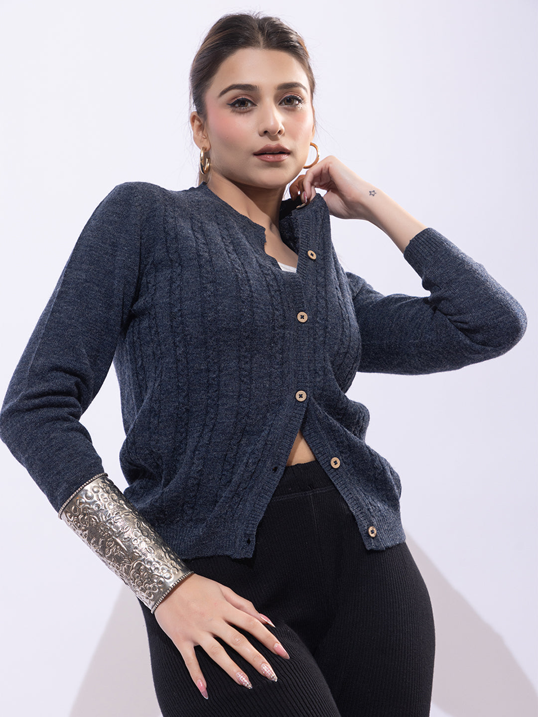 318 Wool Cable Knit Cardigan I Blue Melange (Woolmark Certified)