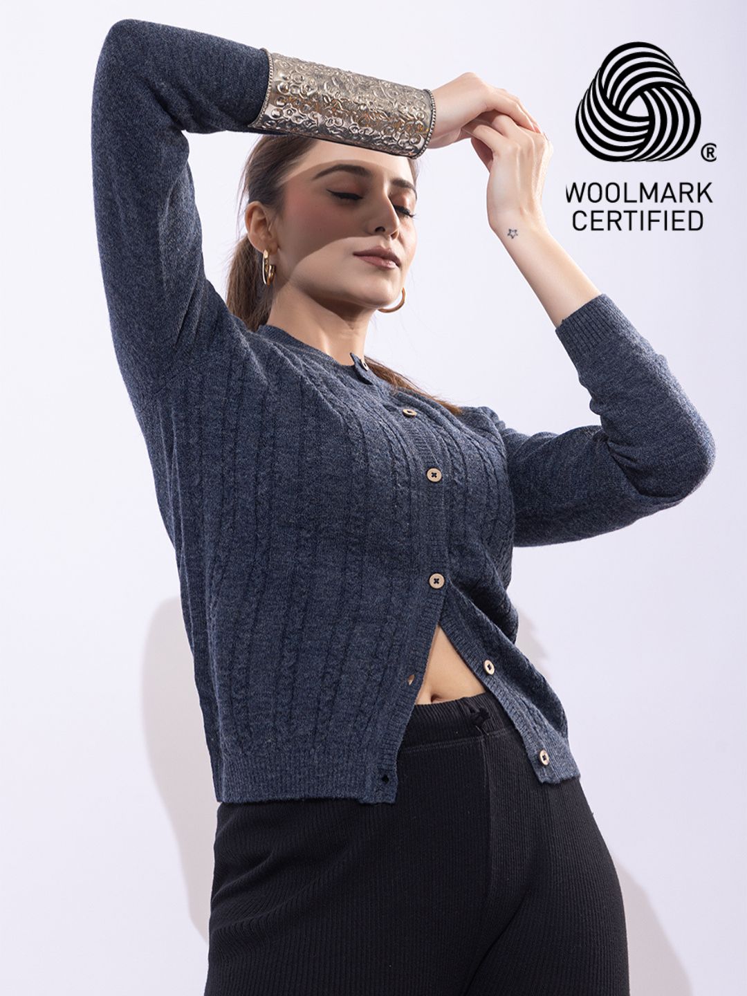 318 Wool Cable Knit Cardigan I Blue Melange (Woolmark Certified)